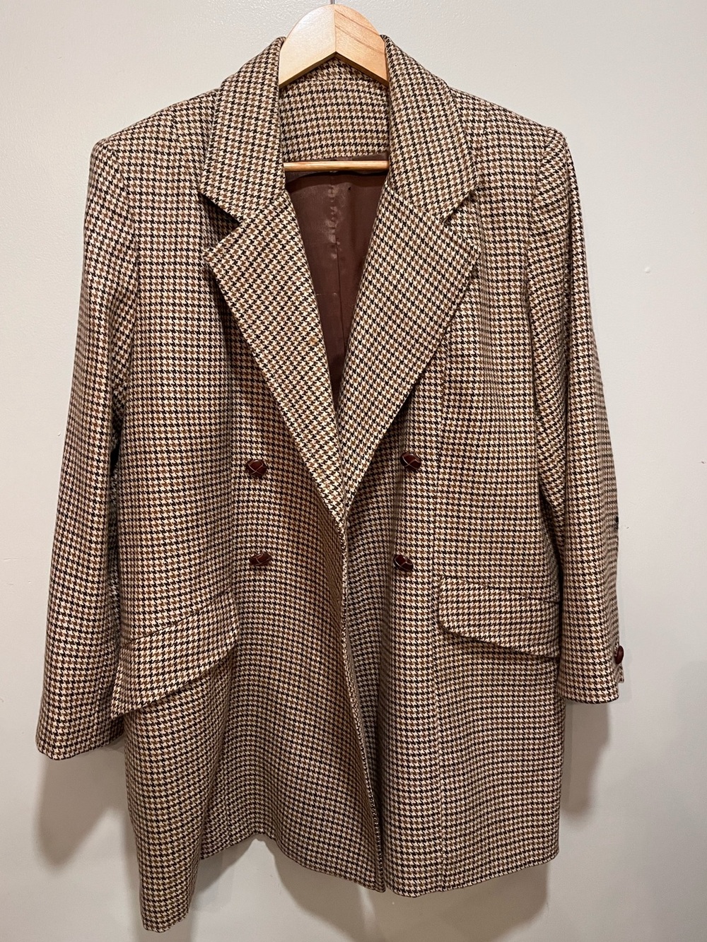 Vintage Houndstooth Double-Breasted Blazer - Brown & Cream